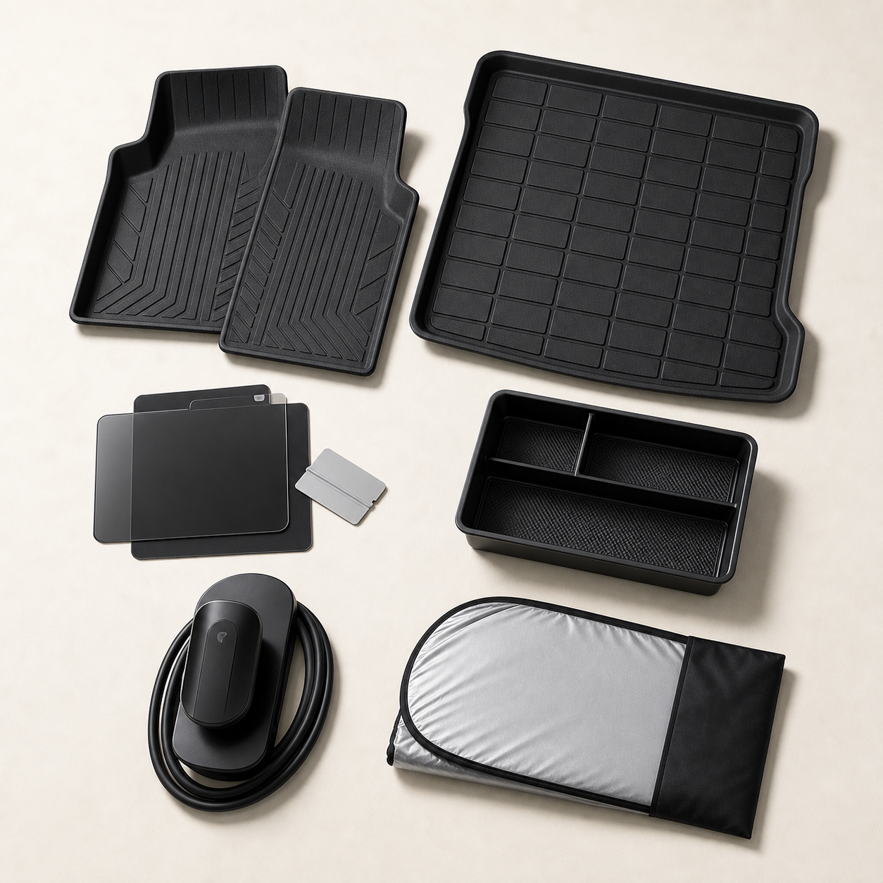 Flat lay of EV accessories